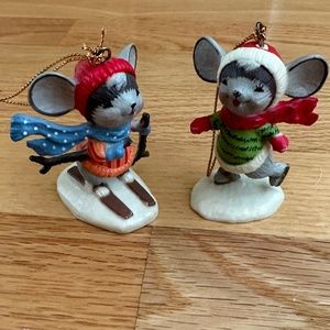 Two Vintage Hard Plastic Mouse Christmas Ornaments Skier Ice Skater